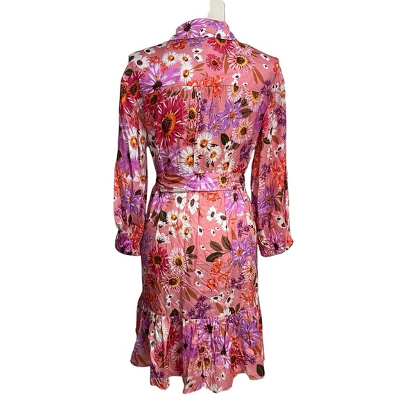 Rachel Parcell Pink Floral Shirt Dress Belted Tiered Ruffle Hem Long Sleeve 6 - Picture 13 of 16